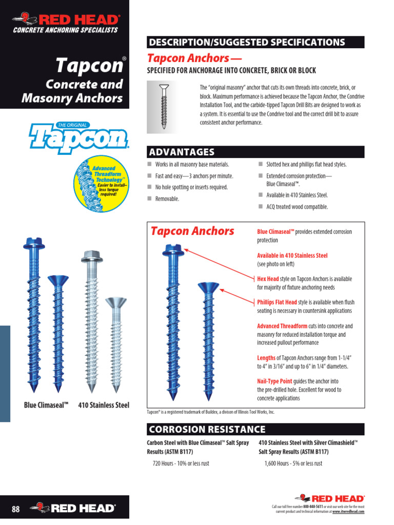 Tapcon Anchors Technical Data Sheet | PDF | Drill | Building Materials