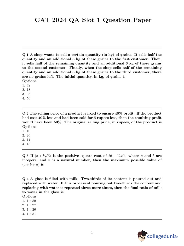 CAT 2024 QA Slot 1 Question Paper | PDF | Area | Mathematical Concepts