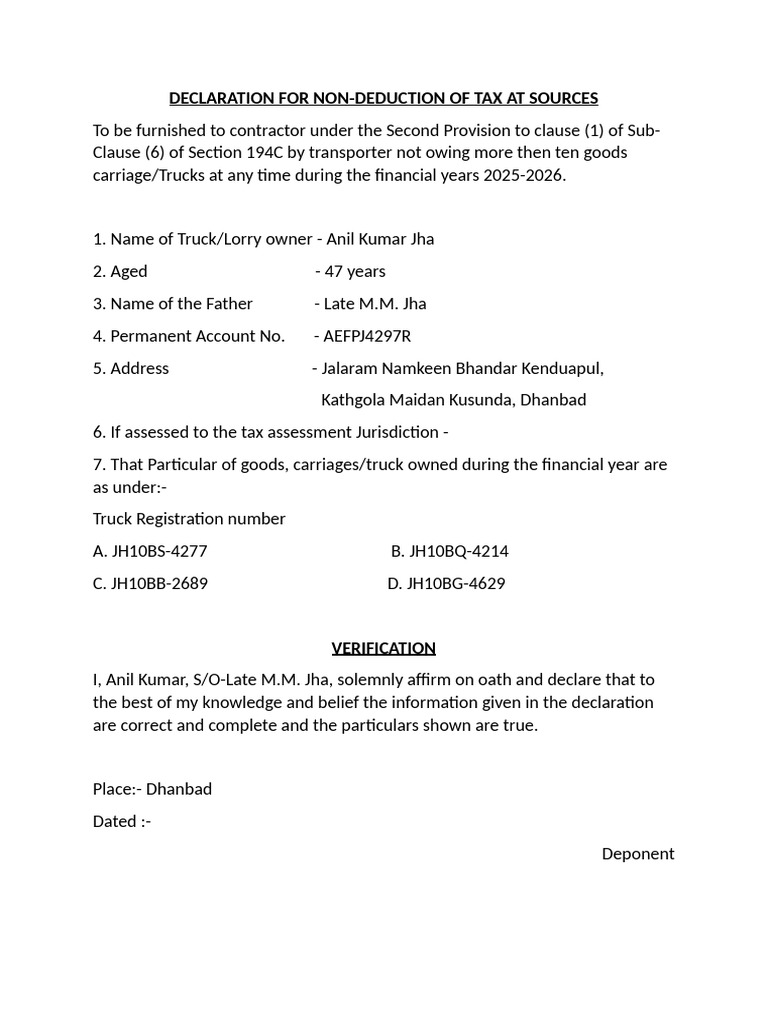 TDS Declaration for Truck Owners | PDF