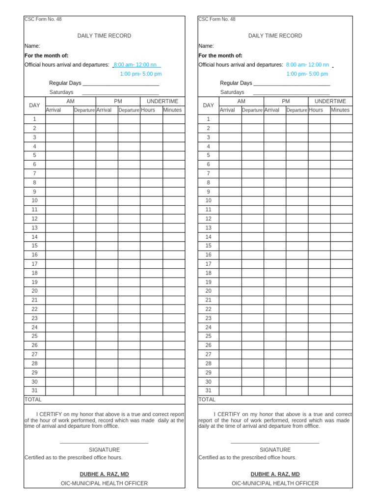 Daily Time Record - CSC Form No. 48 | PDF