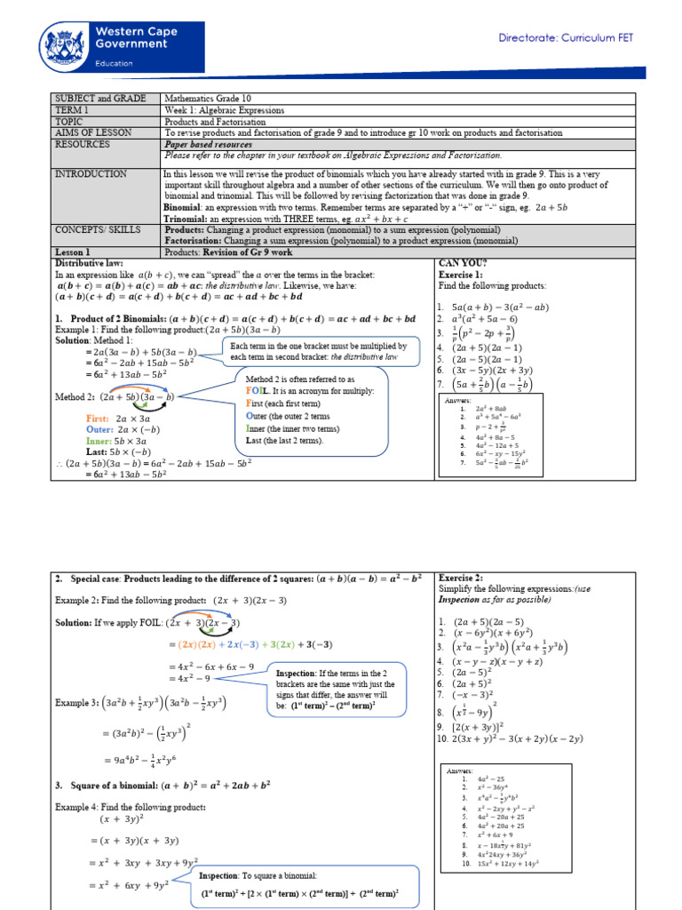 Grade 10 Algebra: Products & Factorisation | PDF | Factorization | Algebra