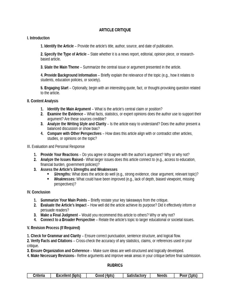 Article Critique Activity Pdf Argument Evaluation