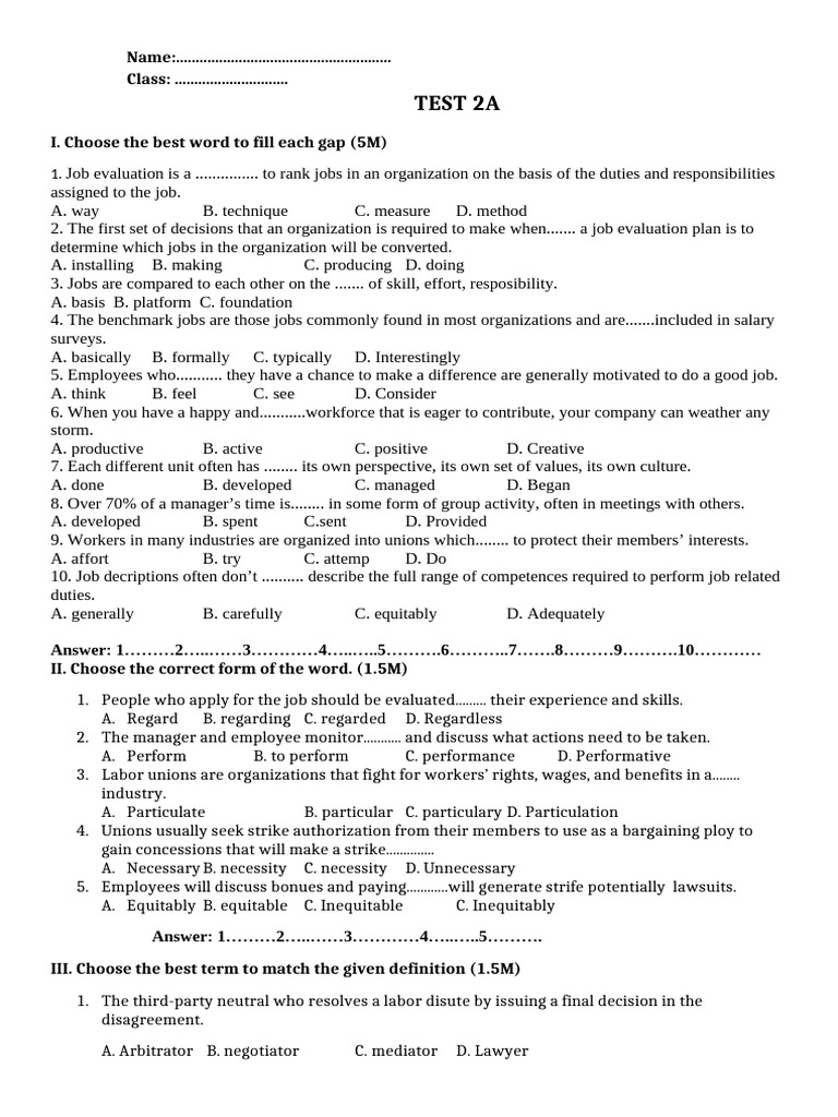 Job Evaluation and Labor Relations Test | PDF | Employment | Wage