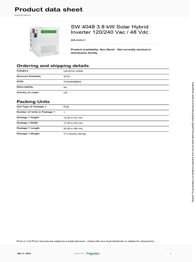 SW 4048 Solar Hybrid Inverter Details | PDF | Economy And The Environment