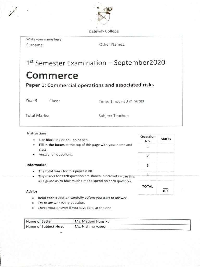Commerce 2020 - Sem 1 Paper 1 | PDF