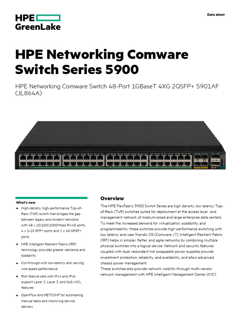HPE Networking Comware Switch 48-Port 1GBaseT 4XG 2QSFP+ 5901AF