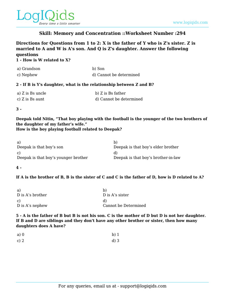 Memory and Concentration Worksheet 294 | PDF | Family | Kinship And Descent