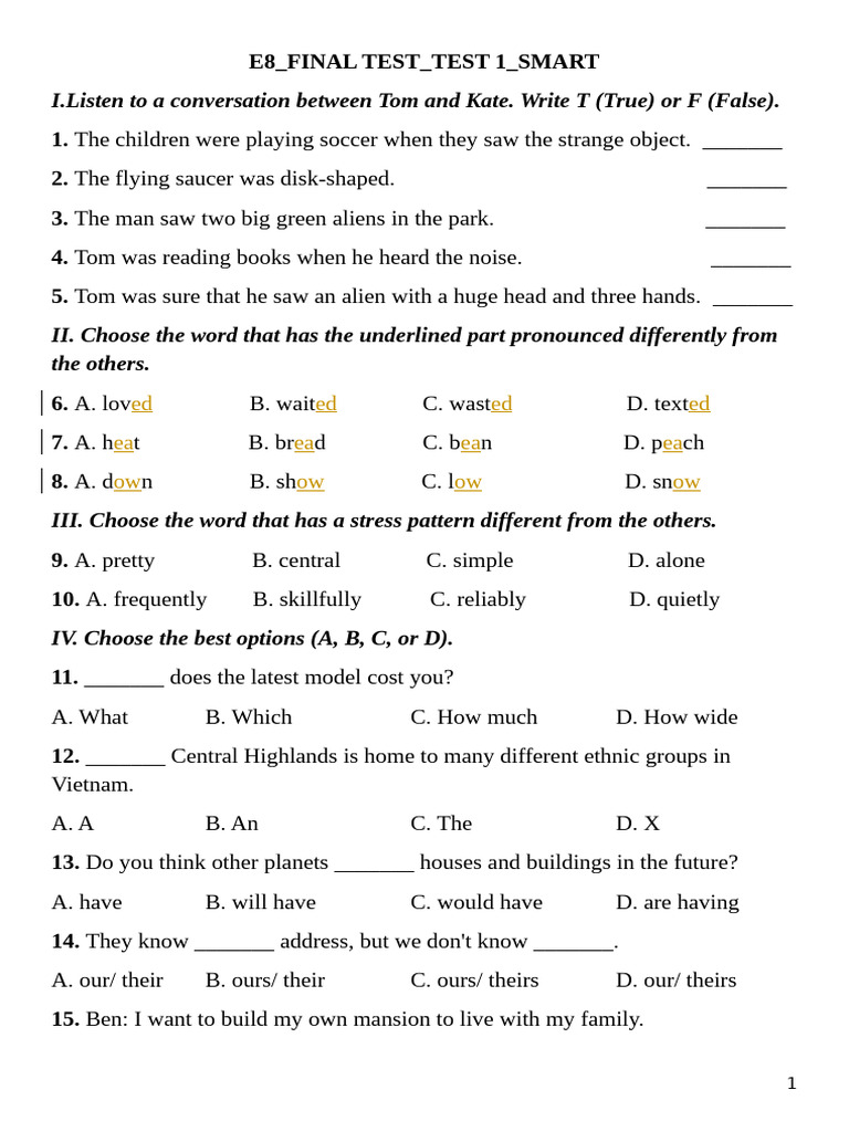E8 Final Test Test 1 Smart | PDF | Vietnamese Cuisine