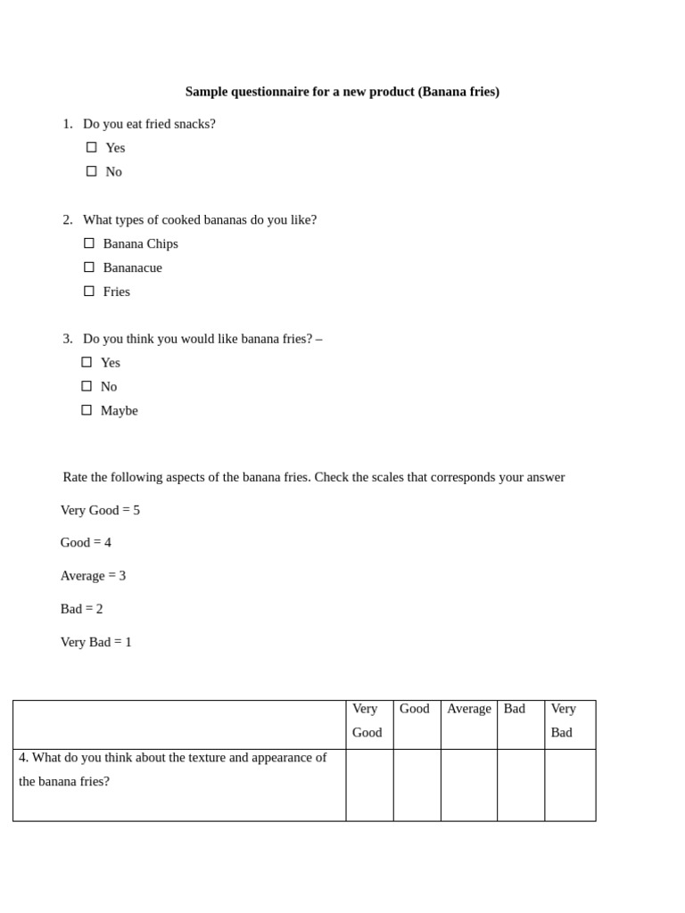 Banana Fries Product Feedback Survey | PDF