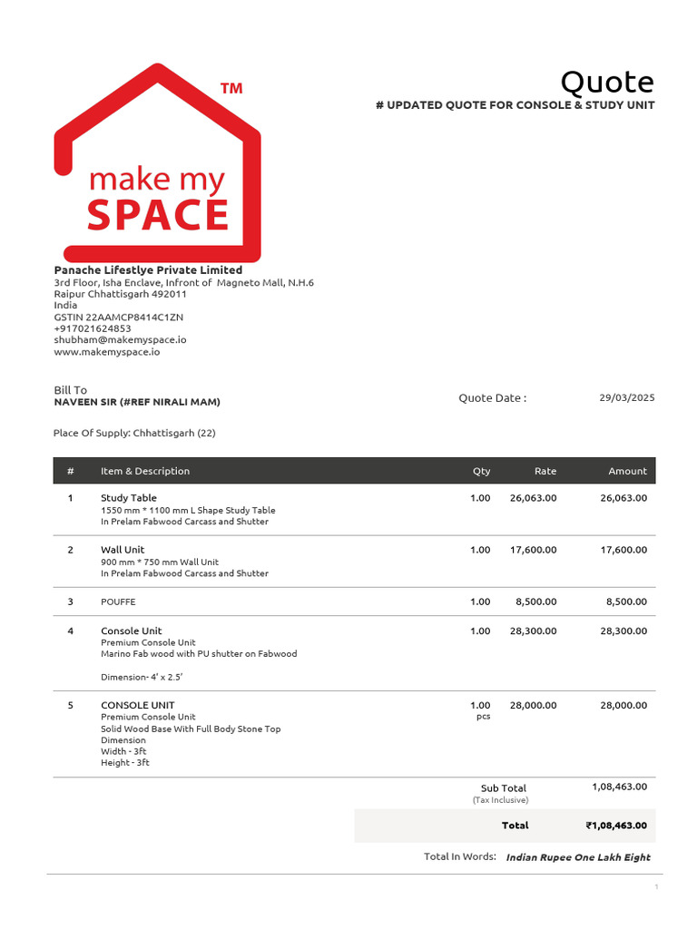 Curated visual reference: Picture Idea: Updated Furniture Quote For Naveen Sir