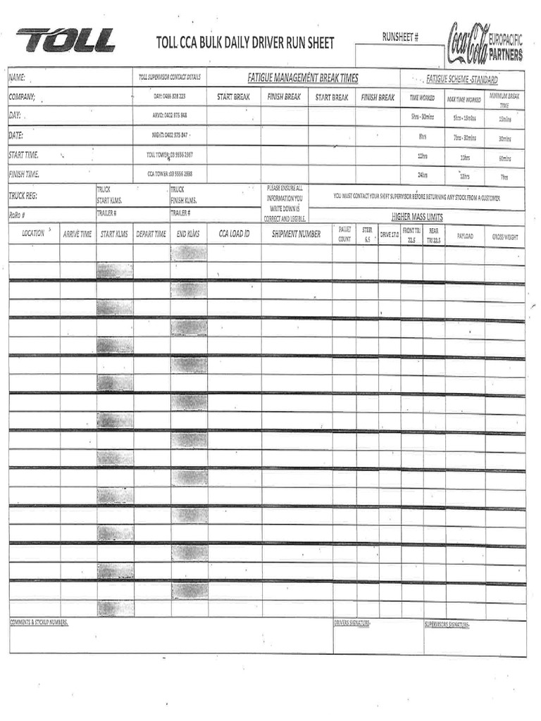 Daily Driver Run Sheet Template | PDF | Truck | Trailer (Vehicle)