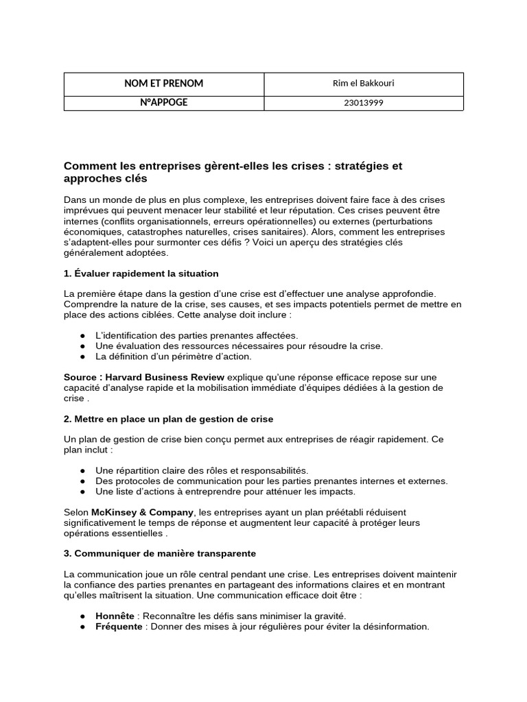 Gestion des crises en entreprise | PDF | Partie prenante | Gestion de crise