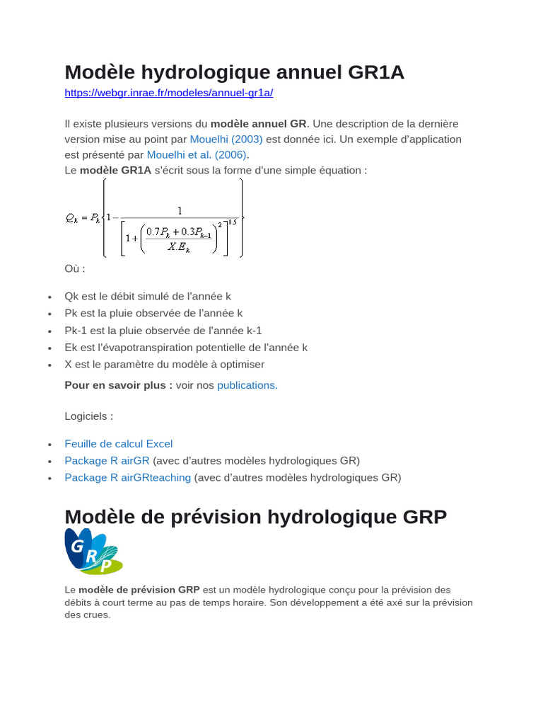 Modèles hydrologiques GR1A et GRP | PDF | Logiciel | Débit (hydrologie)