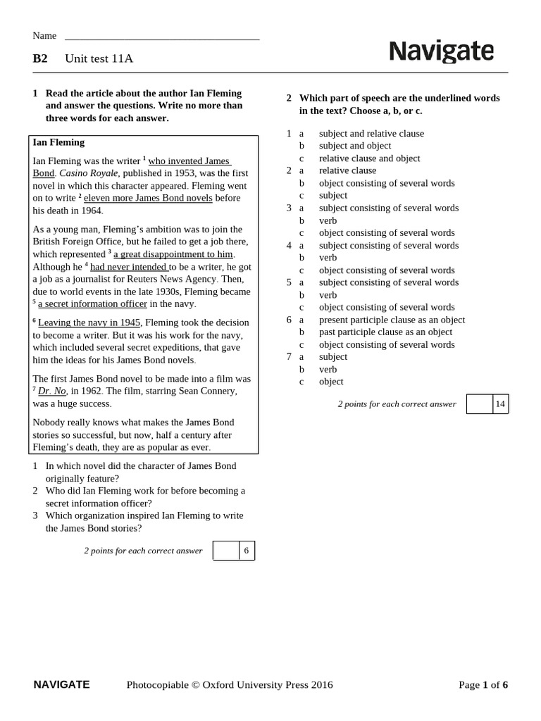 Unit Test 11a 1 2 Pdf James Bond Reuters