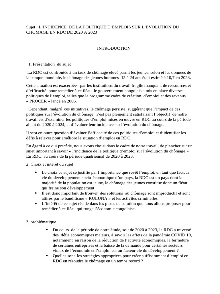 Impact des politiques d'emploi sur le chômage en RDC | PDF | Chômage ...