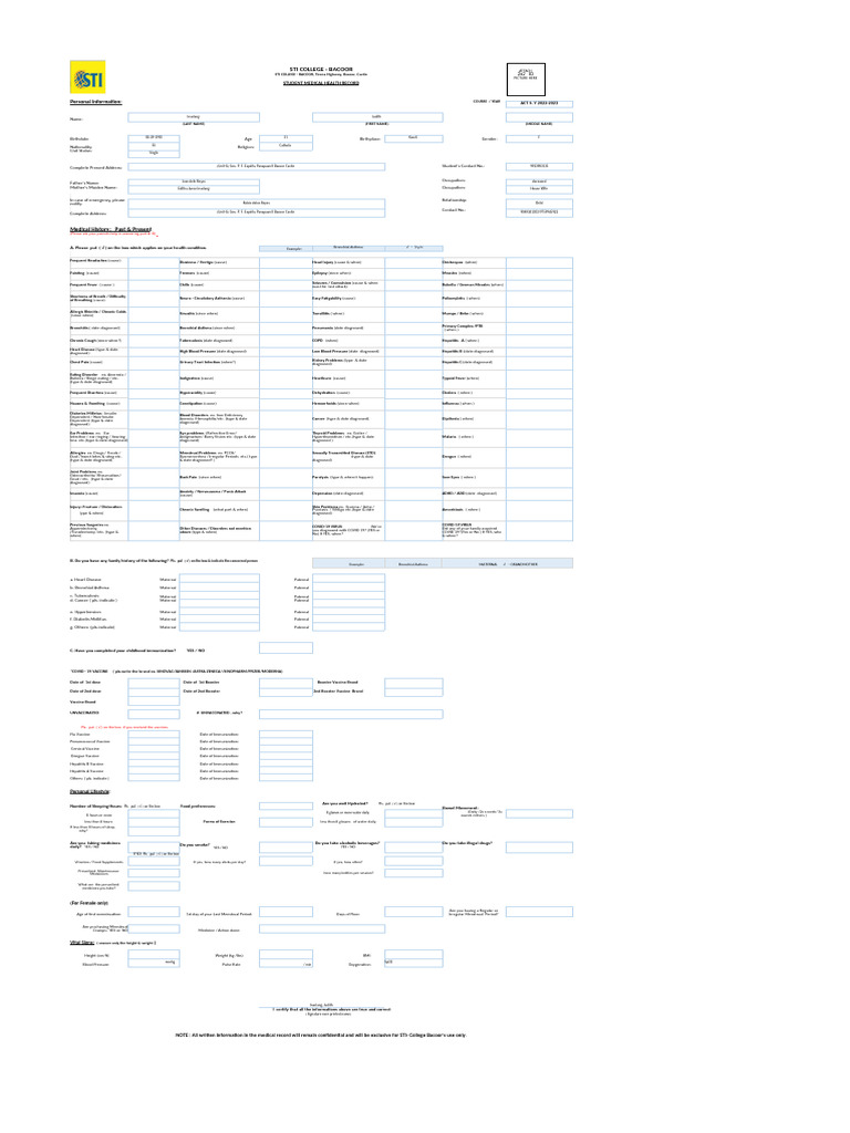 Students Medical Record Form Updated May2023 | PDF | Vaccines | Hepatitis
