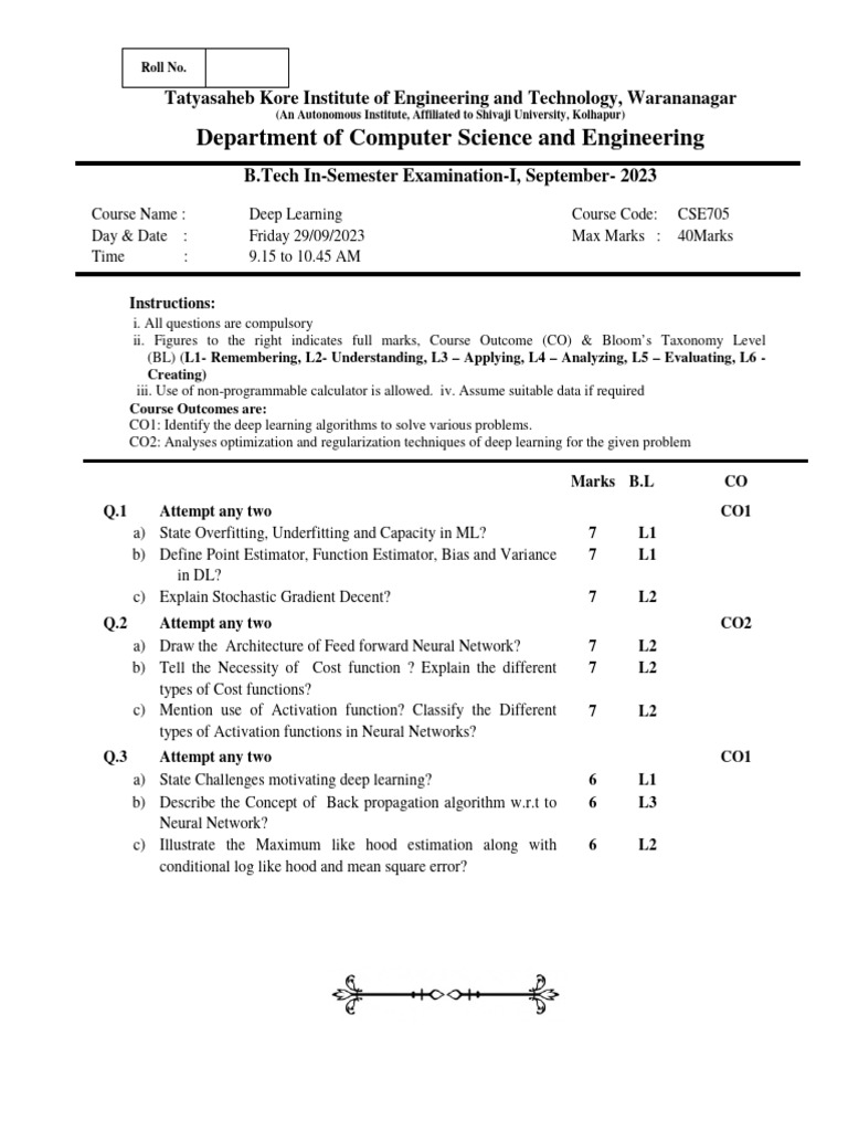 Deep Learning Exam Papers CSE705 | PDF | Pl/Sql | Artificial Intelligence