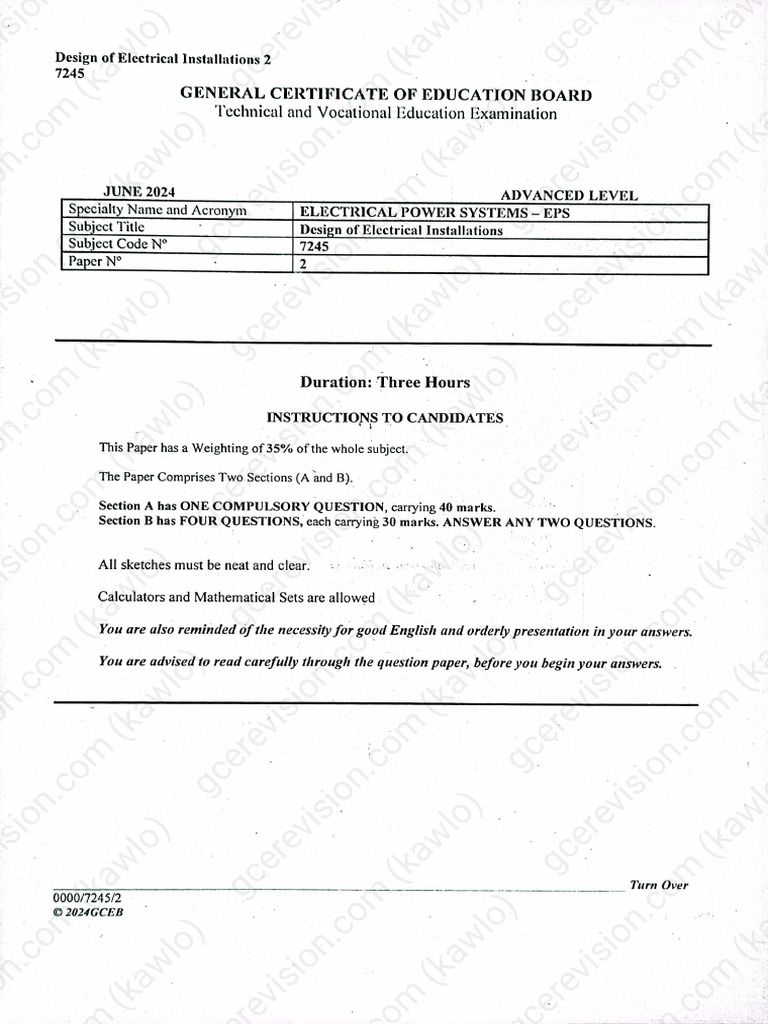 A Level Design of Electrical Installation Paper 2b (2024) | PDF