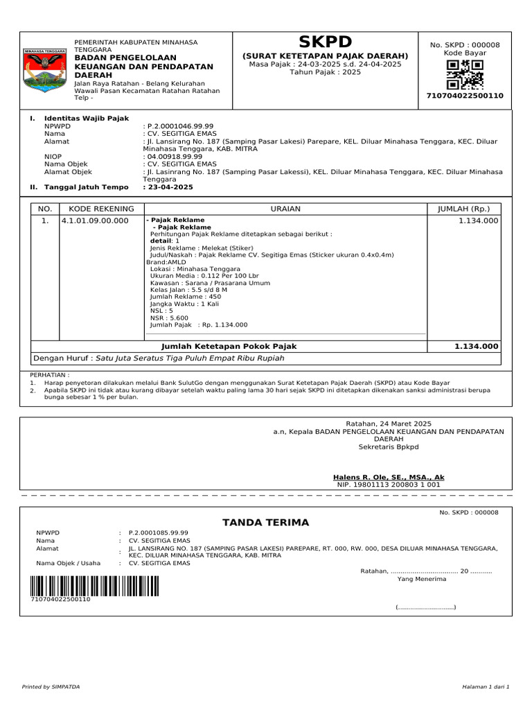 SKPD Pajak Reklame CV. Segitiga Emas | PDF