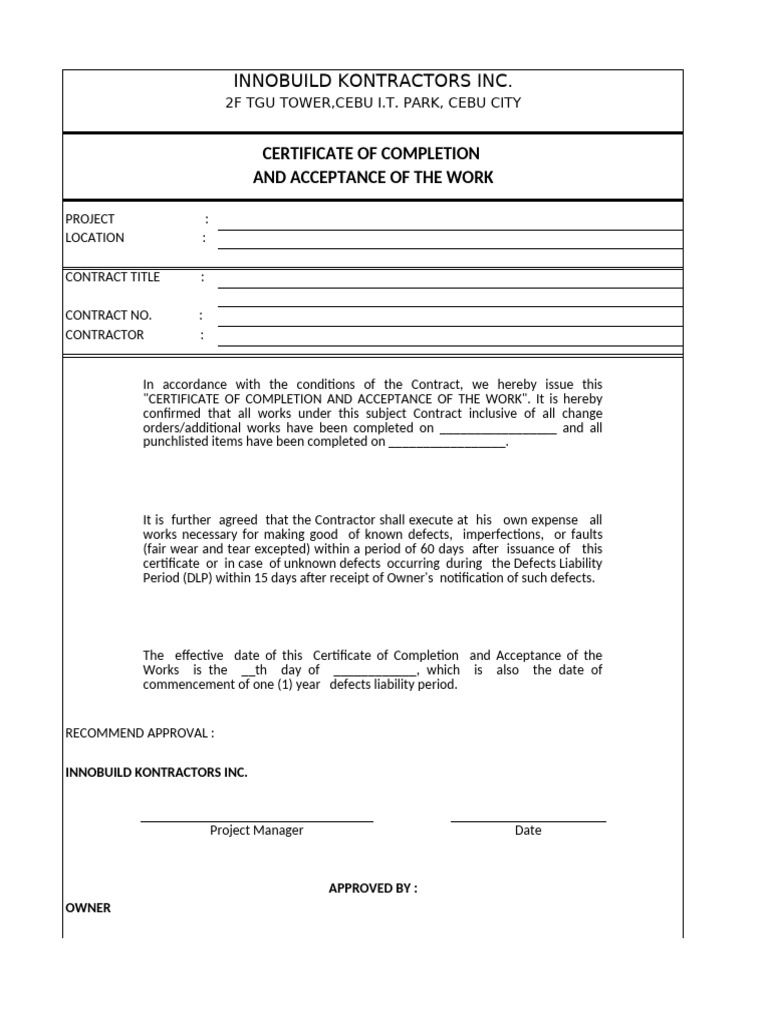 Certificate of Completion and Acceptance | PDF | Civil Law (Legal ...