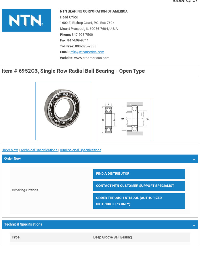 6952C3 SingleRowRadialBallBearing OpenType | PDF | Bearing (Mechanical ...