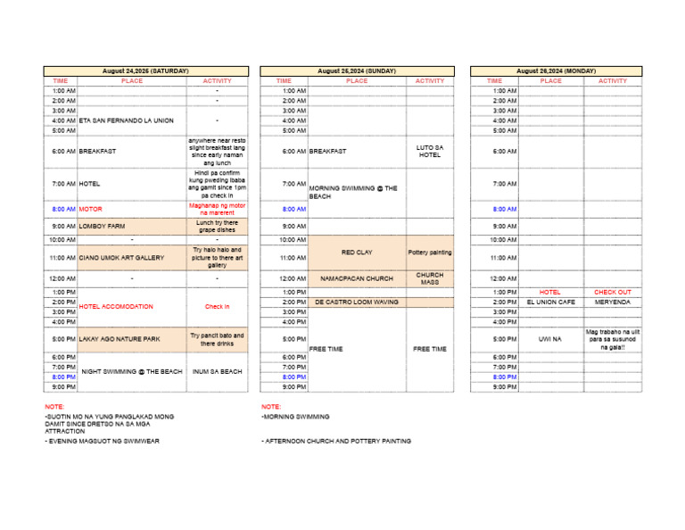 La Union Travel Itinerary 2025 | PDF