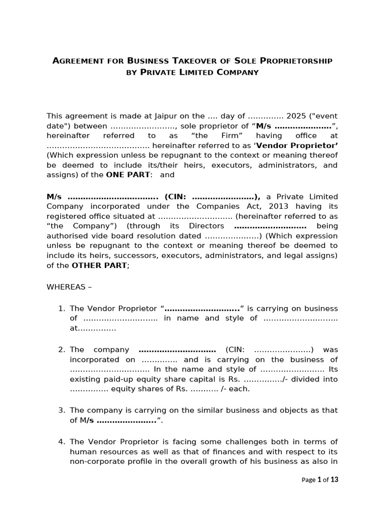 Business Takeover Agreement Template | PDF | Ownership | Sole ...