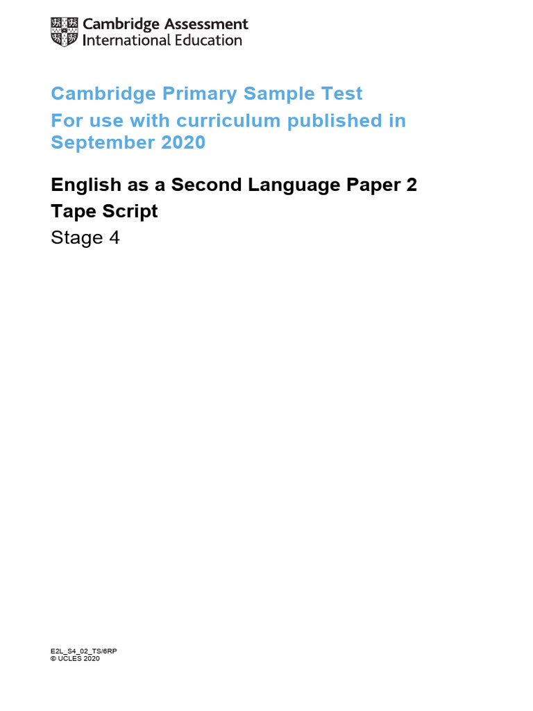 English As A Second Language Stage 4 Sample Paper 2 Tape Script ...