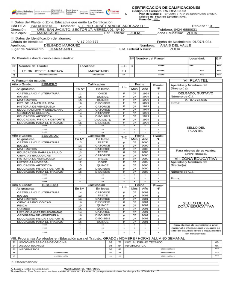 Notas Certificadas de Bachillerato en Venezuela | PDF