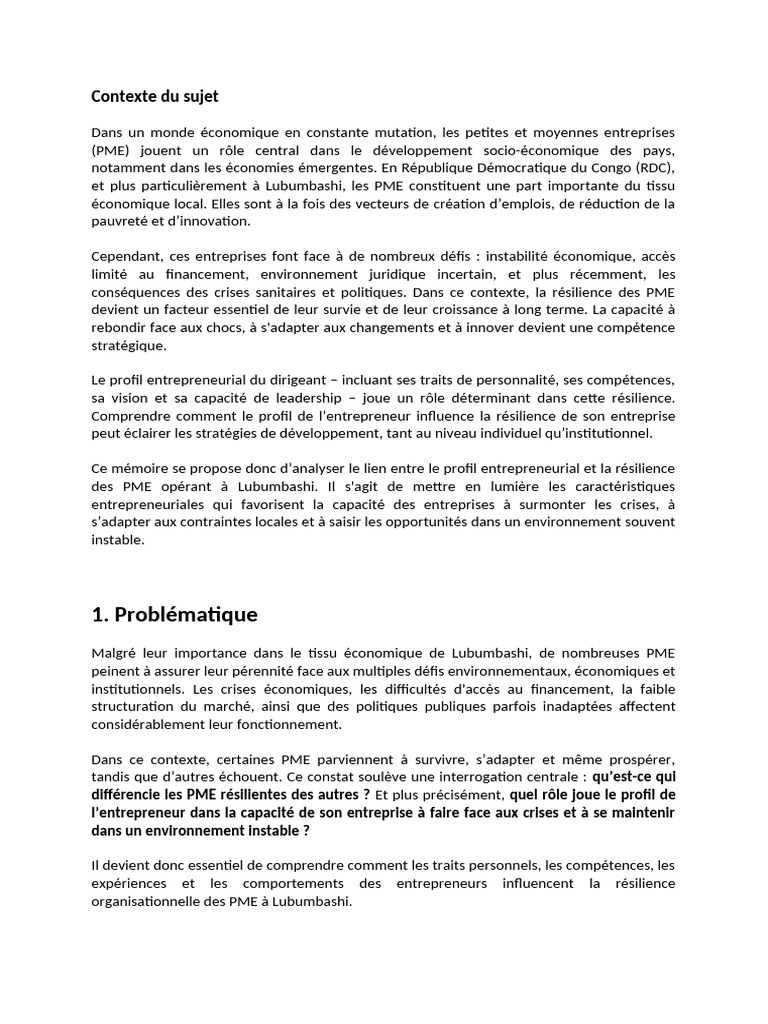 Profil entrepreneurial et résilience PME RDC | PDF | Entrepreneuriat ...