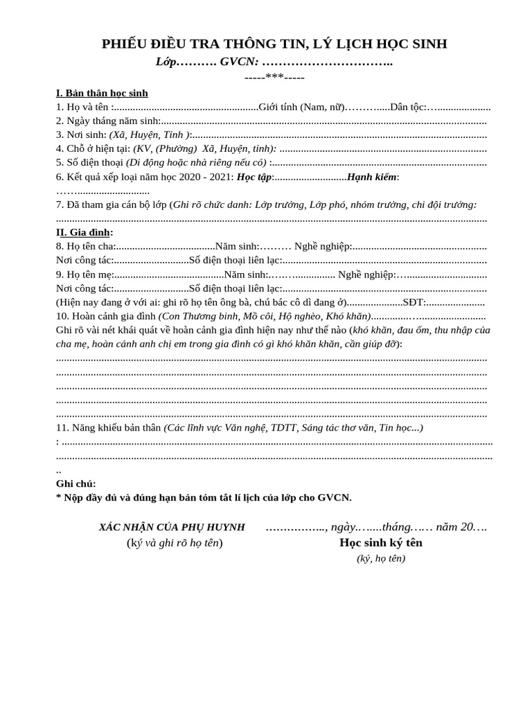 Phieu Dieu Tra Thong Tin Hoc Sinh | PDF