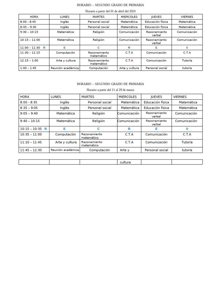 Horario Segundo Grado Primaria 2024 | PDF