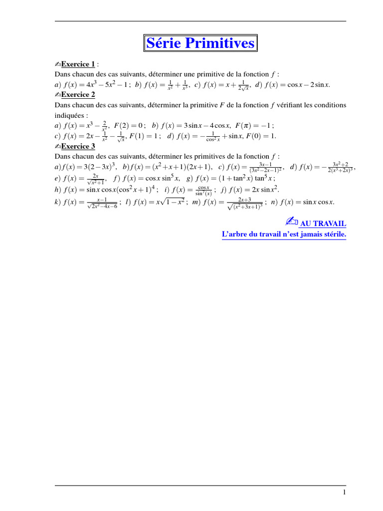 Exercices de Primitives en Mathématiques | PDF