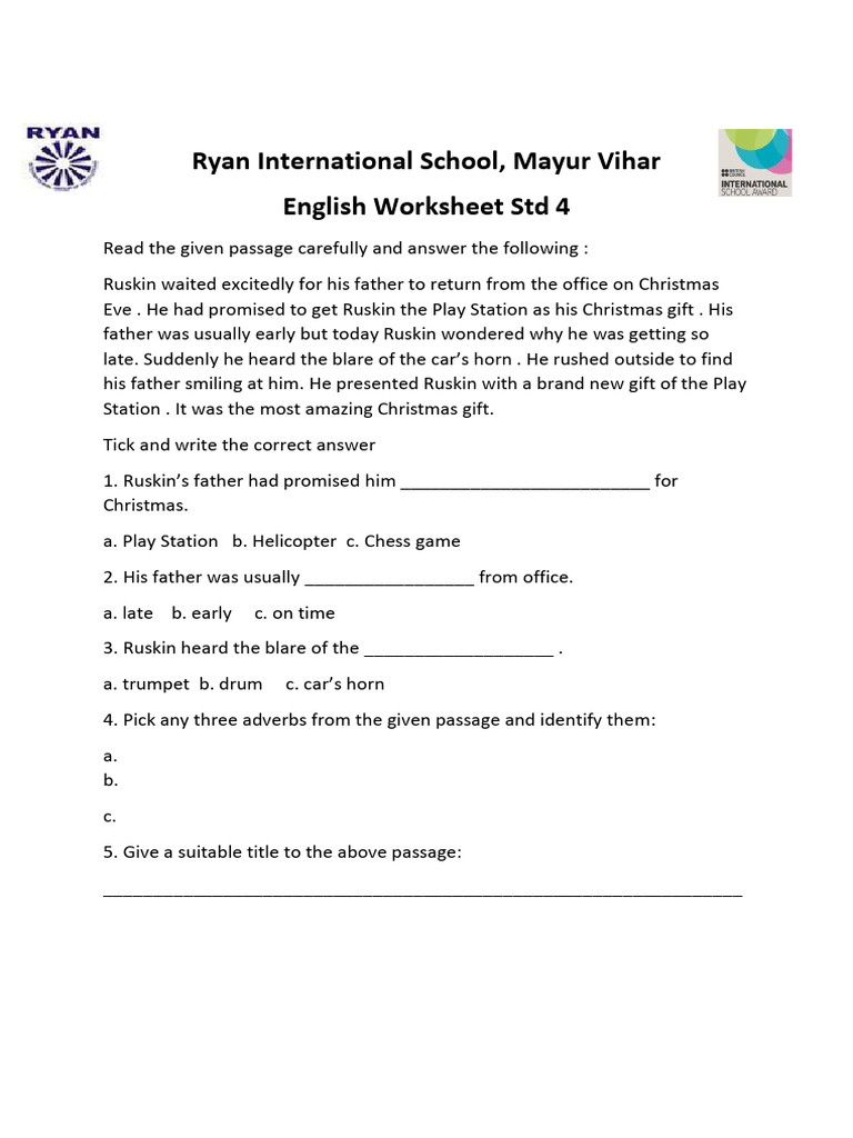 Worksheet STD 4 Holiday Assignment | PDF