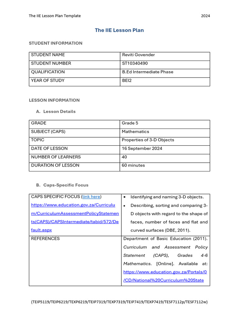 3-D Shapes Maths Lesson Plan 2024 | PDF | Lesson Plan | Learning