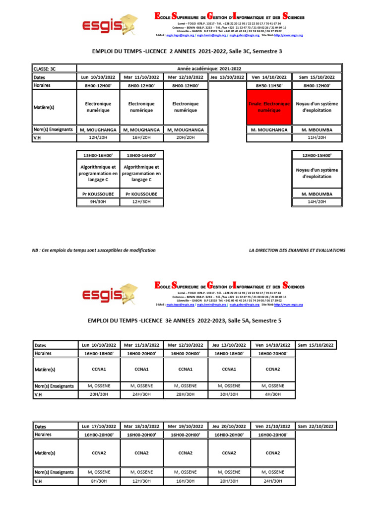 Emploi du temps Licence 2021-2023 ESGIS | PDF | Informatique ...