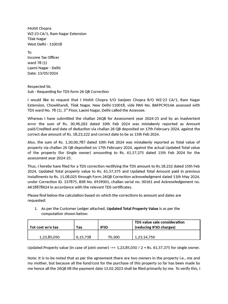 TDS Form 26QB Correction Request | PDF | Receipt | Payments