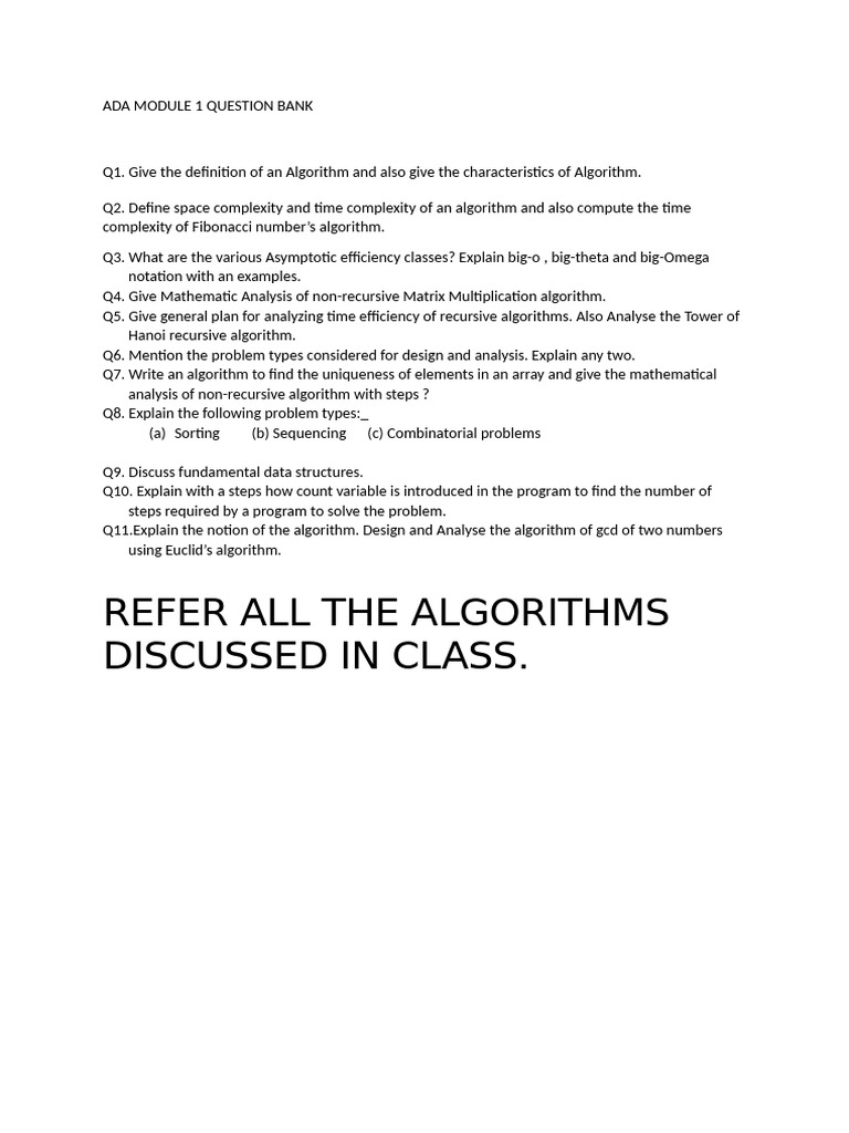 ADA Module 1: Algorithm Question Bank | PDF