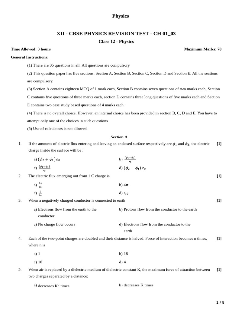 CBSE Class 12 Physics Revision Test | PDF | Capacitance | Capacitor