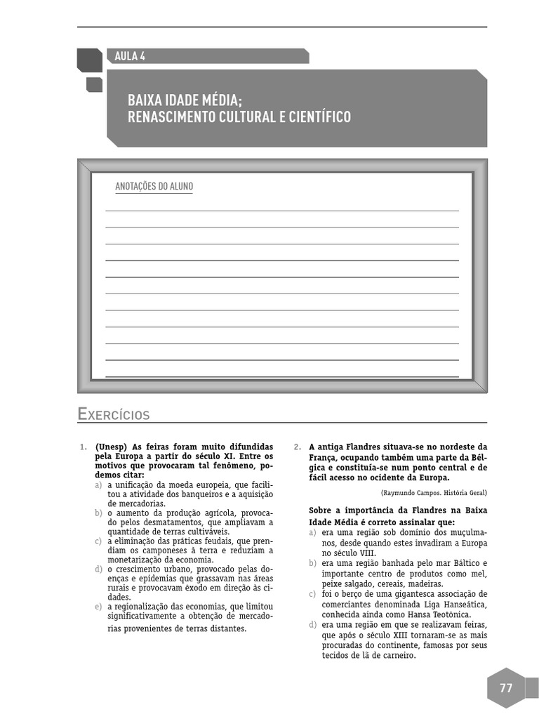 Baixa Idade Média e Renascimento: Exercícios | PDF | Feudalismo | Idade ...