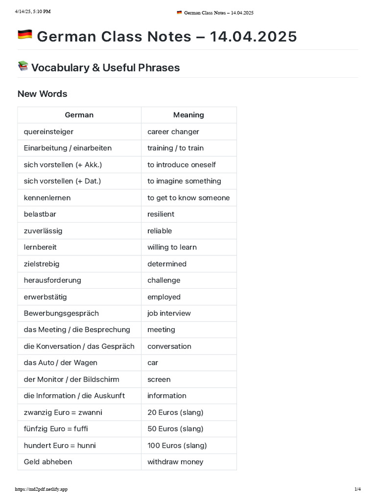 ?? German Class Notes - 14.04.2025 | PDF