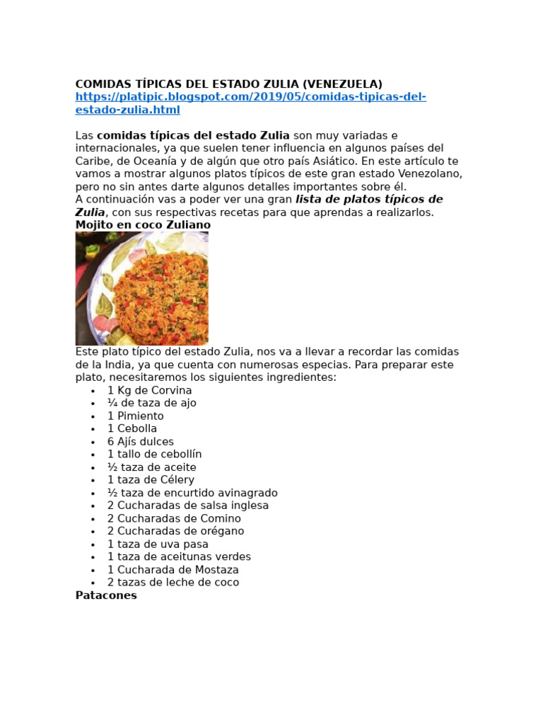 Platos Típicos del Estado Zulia | PDF | Alimentos | Cocina