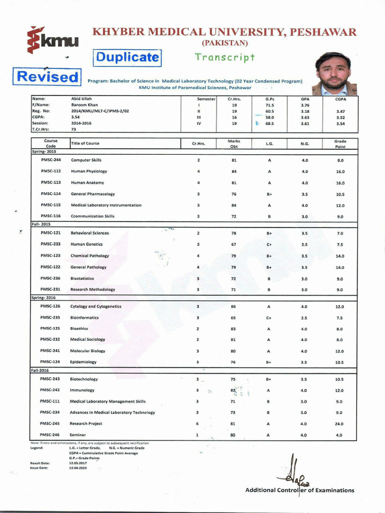 2016 Kmu Transcript Scan Both Side Converted | PDF | Biology | Science