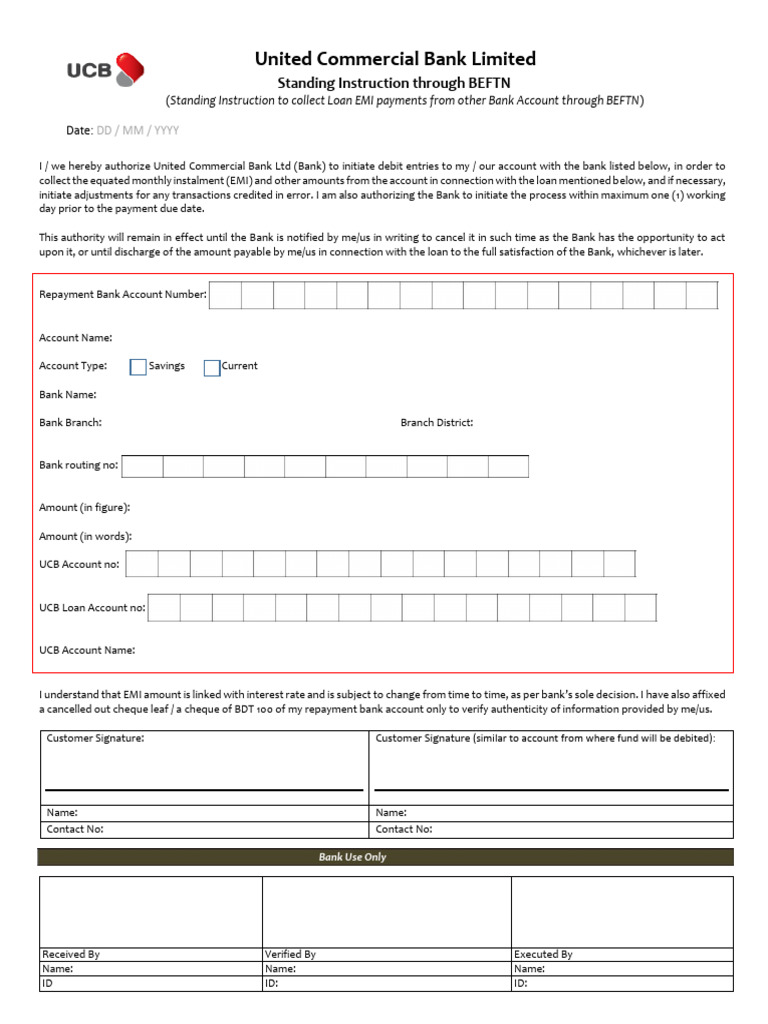 UCB Loan EMI BEFTN Standing Instruction | PDF | Banks | Debit Card