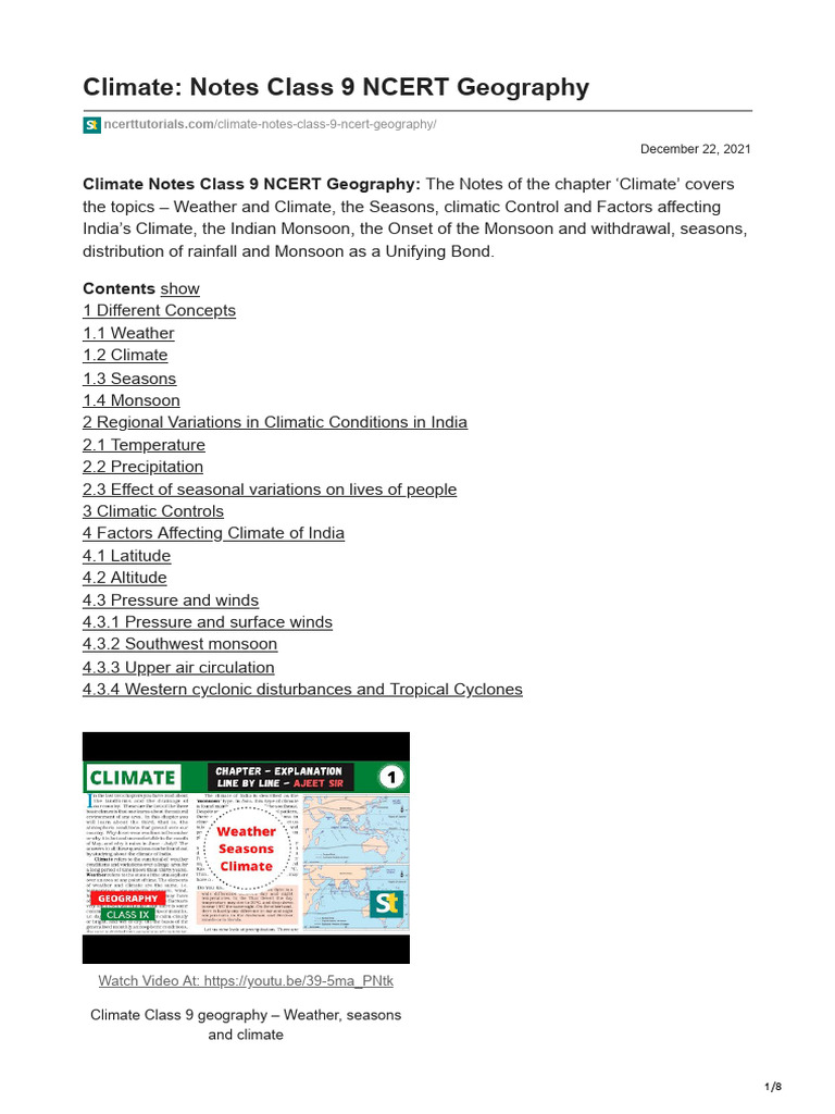 Climate Notes Class 9 NCERT Geography | PDF | Wound | Weather