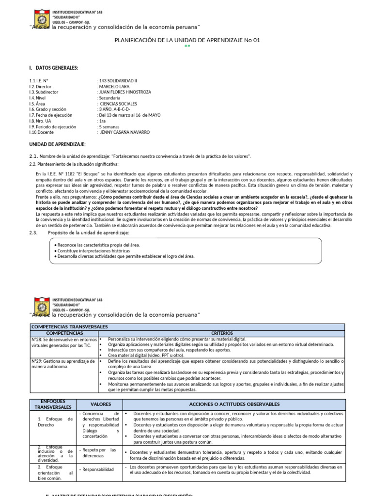 I-Unidad Aprendizaje 1 CC - SS - Tercer Apño de Secundaria | PDF ...