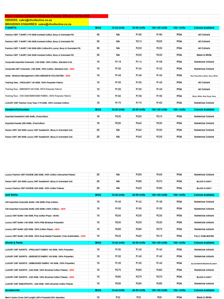 VFC 2025 Wholesale Price List | PDF | T Shirt | Textiles
