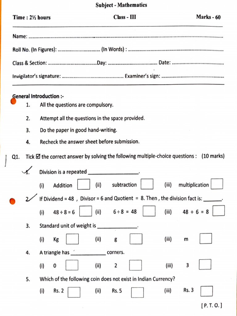 Class 3 Maths Exam Question Paper | PDF | Division (Mathematics ...