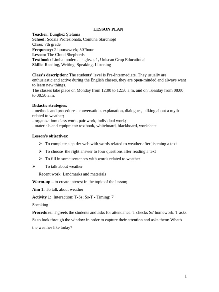 7th Grade English Lesson on Weather | PDF | Reading Comprehension ...