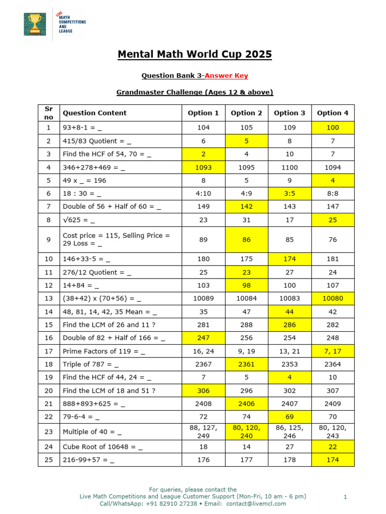 Mental Math World Cup 2025 Answer Key | PDF | Mathematics | Elementary ...